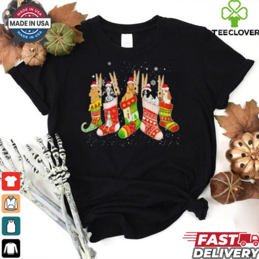 Cute Cocker Spaniel Dog In Christmas Sock Santa Hat Shirt