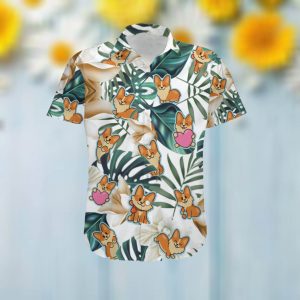 Cute Corgi Men Hawaiian Aloha Tropical Floral Beach Button Up Shirt For Dog Lovers On Summer Vacation