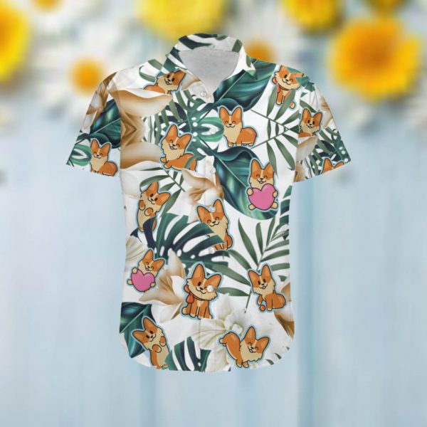 Cute Corgi Men Hawaiian Aloha Tropical Floral Beach Button Up Shirt For Dog Lovers On Summer Vacation
