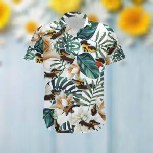 Cute Dachshund Women Hawaiian Aloha Tropical Floral Beach Button Up Shirt For Dog Lovers On Summer Vacation