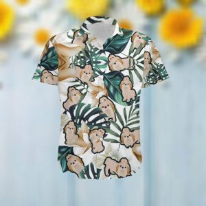 Cute Shih Tzu Men Hawaiian Aloha Tropical Floral Beach Button Up Shirt For Dog Lovers On Summer Vacation