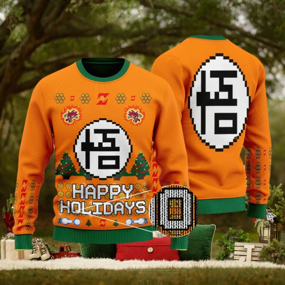 DBZ Goku Kanji Logo Happy Holidays Ugly Christmas Sweater DBZ Goku Kanji Logo Happy Holidays Ugly Christmas Sweater