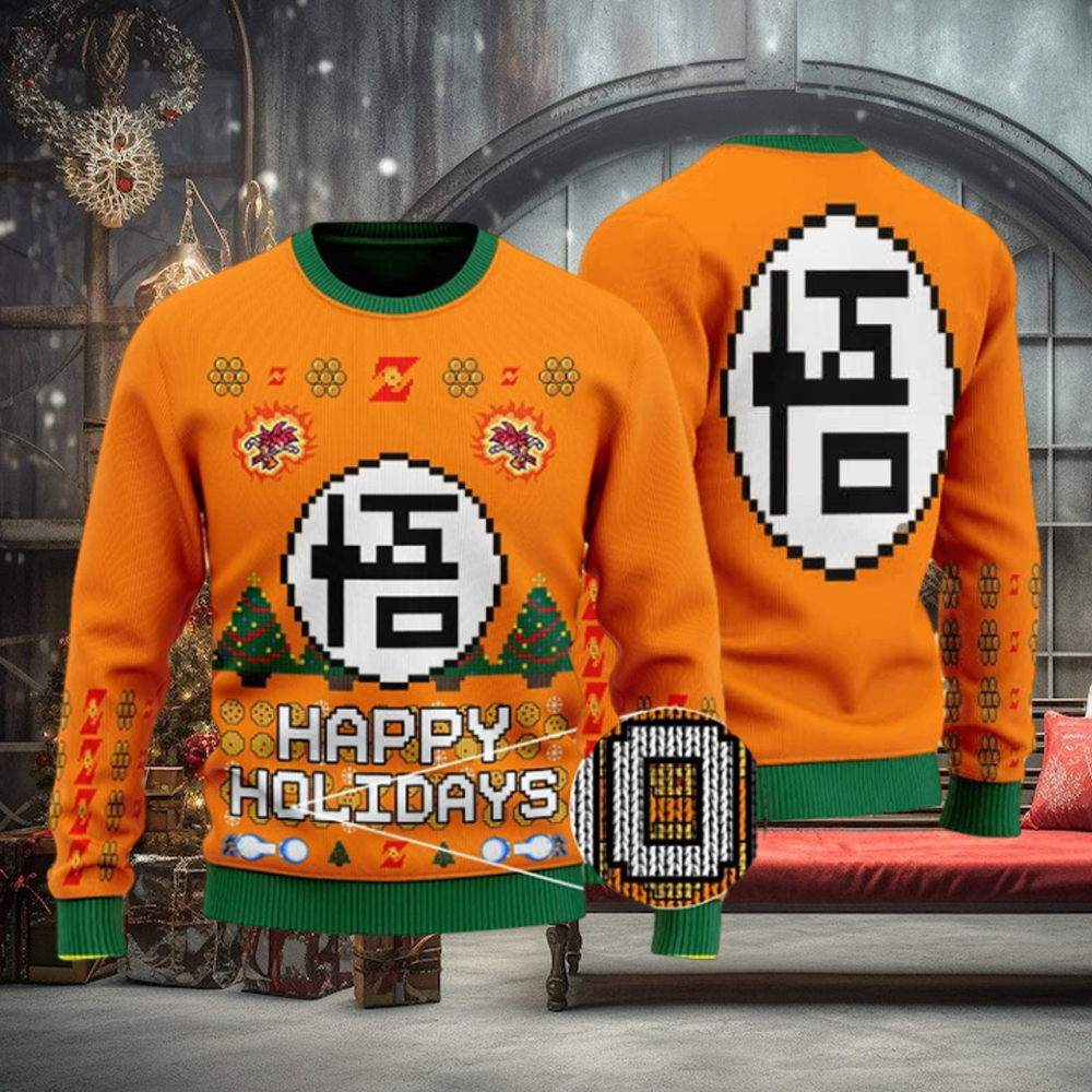 DBZ Goku Kanji Logo Happy Holidays Ugly Christmas Sweater DBZ Goku Kanji Logo Happy Holidays Ugly Christmas Sweater