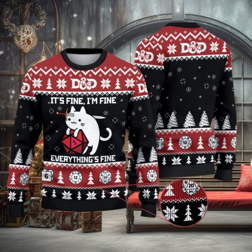 D&D Dragon Sweater Funny Cat It’s Fine Everything Fine 3D All Over Printed Ugly Christmas Sweater