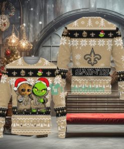 New Orleans Saints Baby Groot And Grinch Ugly Christmas Sweaters