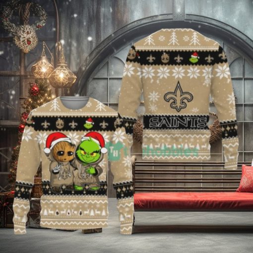 New Orleans Saints Baby Groot And Grinch Ugly Christmas Sweaters