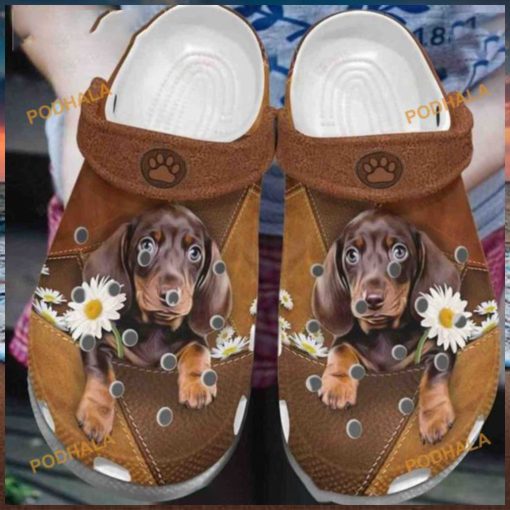 Dachshund Daisy Paws Leather Pattern Crocs, Quality Dog Lover Shoes