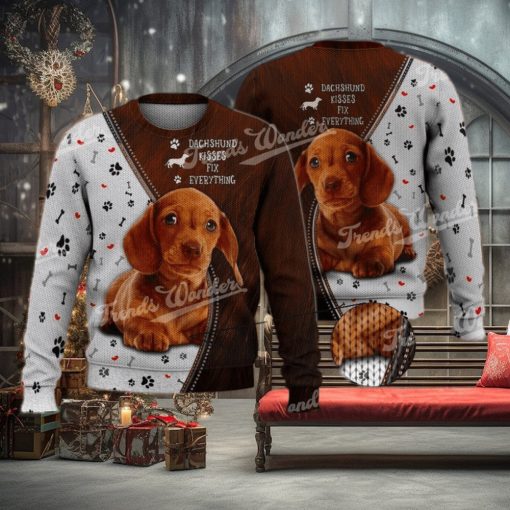 Dachshund Kisses Fix Everything Brown Cute 3D Full Print Ugly Sweater Christmas Gift Sweater