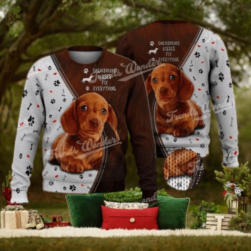 Dachshund Kisses Fix Everything Brown Cute 3D Full Print Ugly Sweater Christmas Gift Sweater