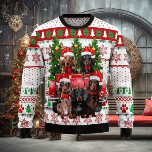 Dachshund Red Truck Ugly Sweater For Christmas