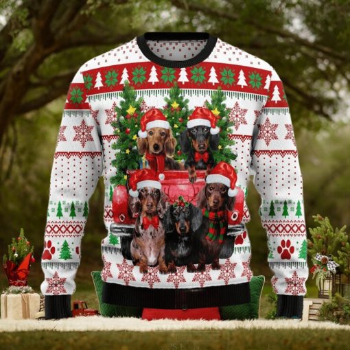 Dachshund Red Truck Ugly Sweater For Christmas