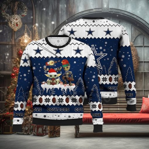 Dallas Cowboys NFL Baby Yoda And Baby Groot Ugly Christmas Sweater