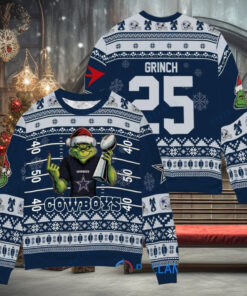 Dallas Cowboys x Grinch Christmas Dr. Seuss How the Grinch Stole Christmas with Super Bowl Trophy Custom Ugly Christmas Sweater