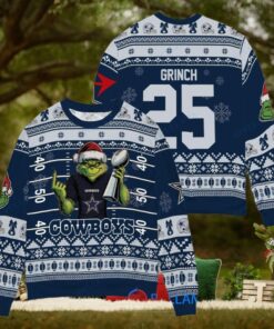 Dallas Cowboys x Grinch Christmas Dr. Seuss How the Grinch Stole Christmas with Super Bowl Trophy Custom Ugly Christmas Sweater