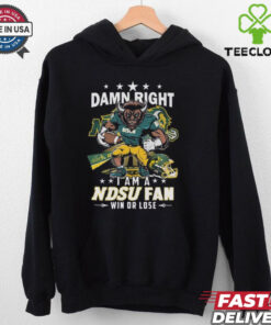Damn Right I Am A NDSU Fan Win or Lose T-shirt, featuring mascot design, unisex fit, North Dakota State Bison fan gear, team spirit shirt.