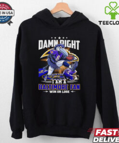 Damn right I am a Baltimore fan, win or lose, cartoon mascot design, unisex fit, Baltimore Ravens fan gear, fan favorite shirt.