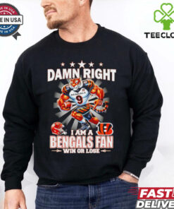 **Damn Right I Am a Cincinnati Bengals Win or Lose Mascot Shirt** – Celebrate your Bengals pride with this bold, fan-favorite design featuring the team mascot. A must-have for loyal fans who stand by their team no matter what!