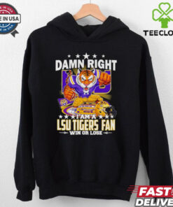Damn Right I Am an LSU Tigers Fan, Win or Lose, mascot cartoon design, fan favorite style, unisex fit, LSU Tigers football fan gear, team spirit shirt.