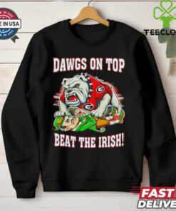 Dawgs on Top Beat the Irish Georgia Bulldogs Mascot Shirt, featuring a bold graphic with the Georgia Bulldogs mascot and the phrase 