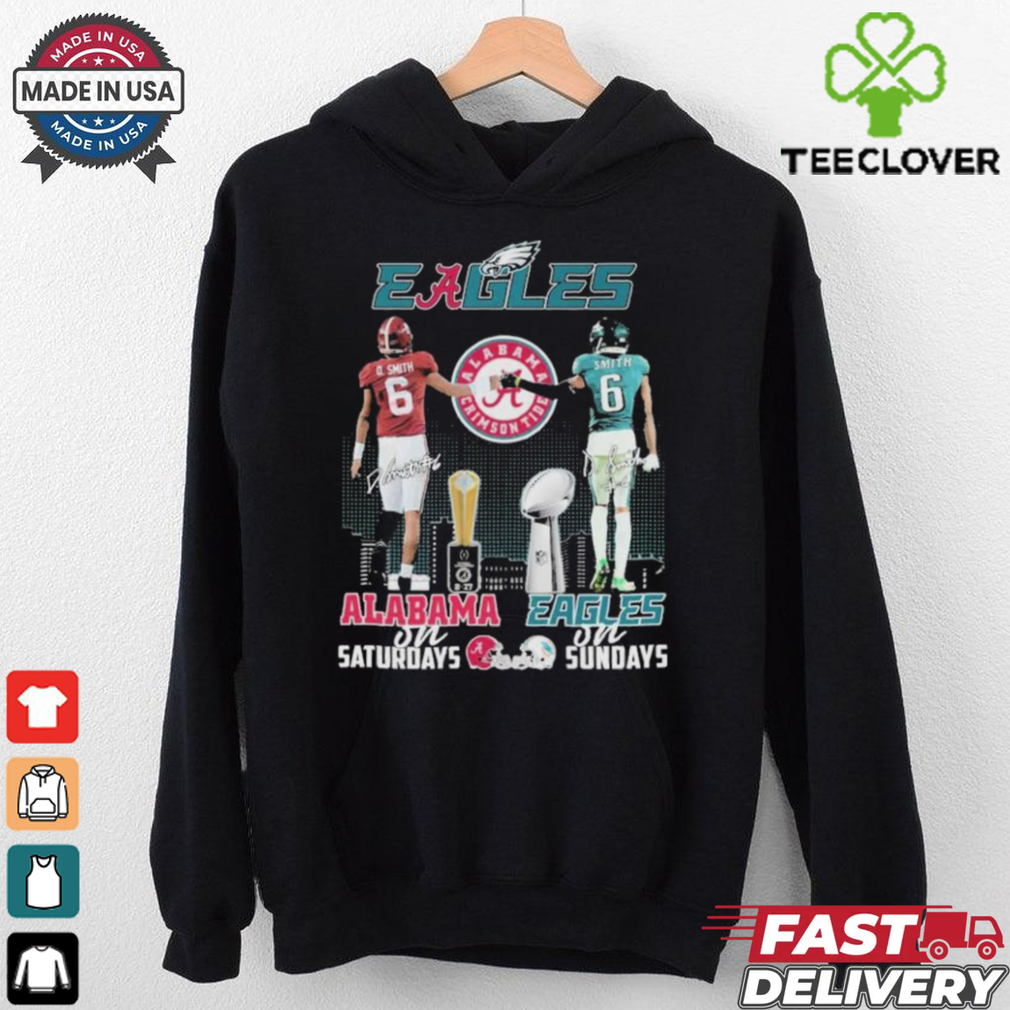 DeVonta Smith Alabama Crimson Tide On Saturdays x Philadelphia Eagles Philly On Sundays Helmet Signature T shirts DeVonta Smith Alabama Crimson Tide On Saturdays x Philadelphia Eagles Philly On Sundays Helmet Signature T shirts