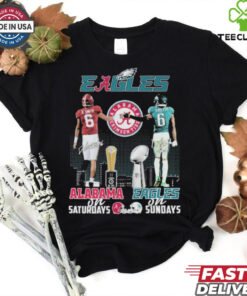 DeVonta Smith Alabama Crimson Tide On Saturdays x Philadelphia Eagles Philly On Sundays Helmet Signature T shirts