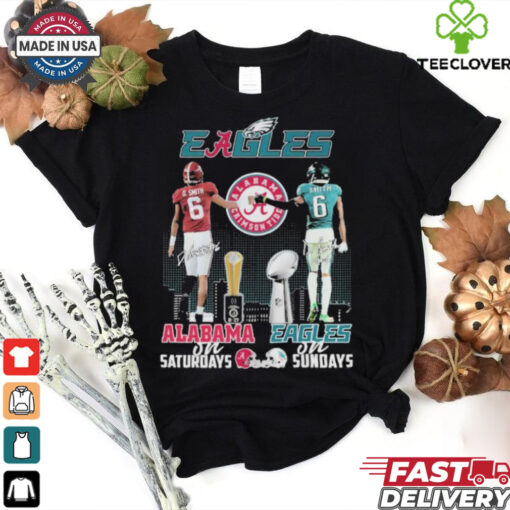 DeVonta Smith Alabama Crimson Tide On Saturdays x Philadelphia Eagles Philly On Sundays Helmet Signature T shirts