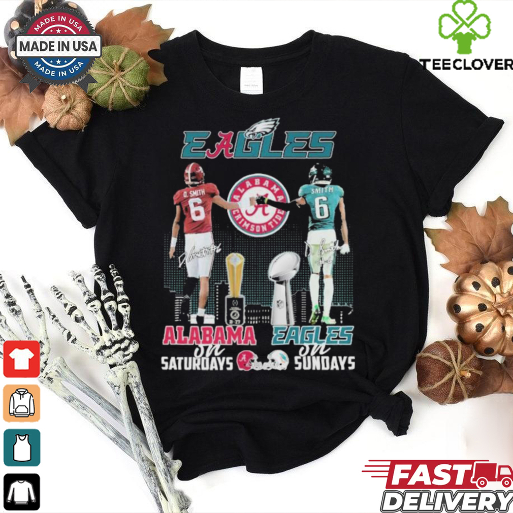 DeVonta Smith Alabama Crimson Tide On Saturdays x Philadelphia Eagles Philly On Sundays Helmet Signature T shirts DeVonta Smith Alabama Crimson Tide On Saturdays x Philadelphia Eagles Philly On Sundays Helmet Signature T shirts