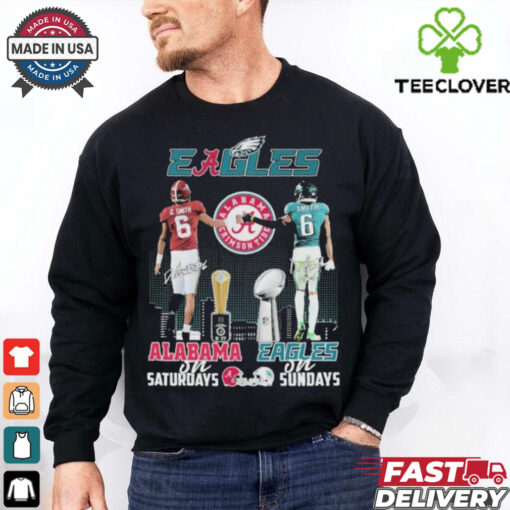 DeVonta Smith Alabama Crimson Tide On Saturdays x Philadelphia Eagles Philly On Sundays Helmet Signature T shirts