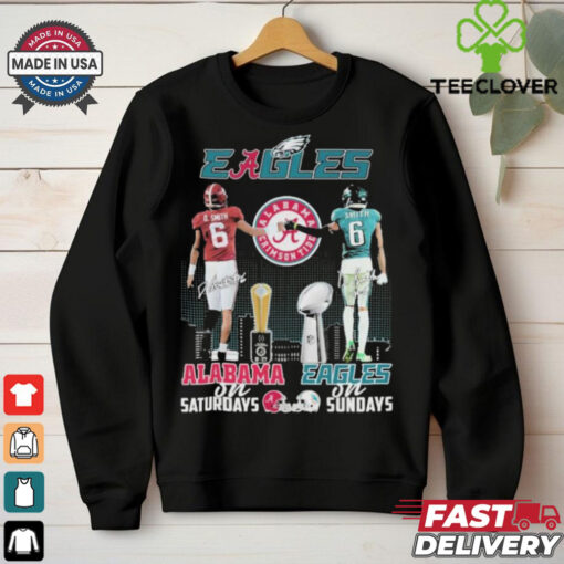 DeVonta Smith Alabama Crimson Tide On Saturdays x Philadelphia Eagles Philly On Sundays Helmet Signature T shirts