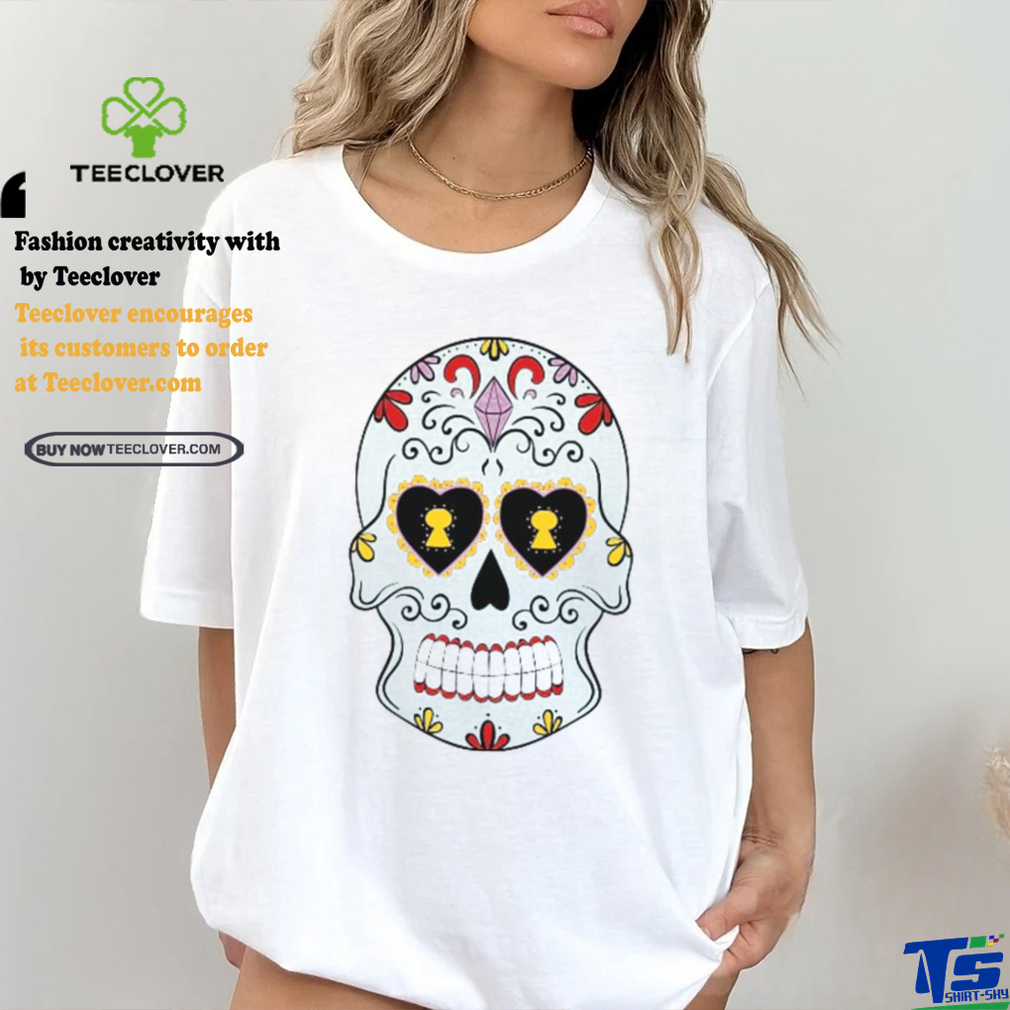 Deep Sky Blue Sugar Skull With Yellow Flowers T Shirt Deep Sky Blue Sugar Skull With Yellow Flowers T Shirt