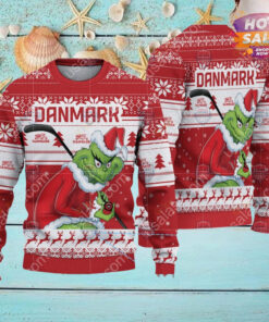 Denmark Ice Hockey Team Grinch Hockey Stick Ugly Christmas Sweater