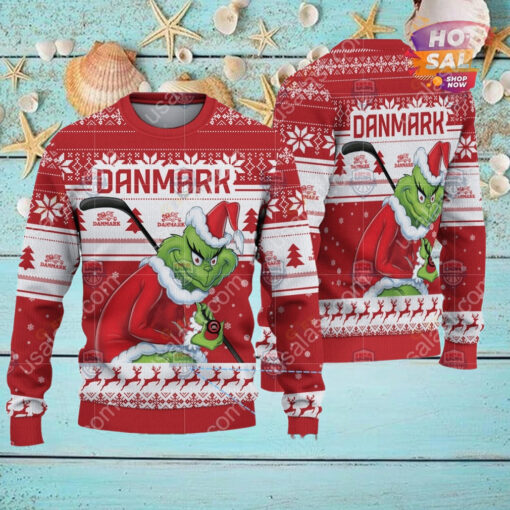 Denmark Ice Hockey Team Grinch Hockey Stick Ugly Christmas Sweater