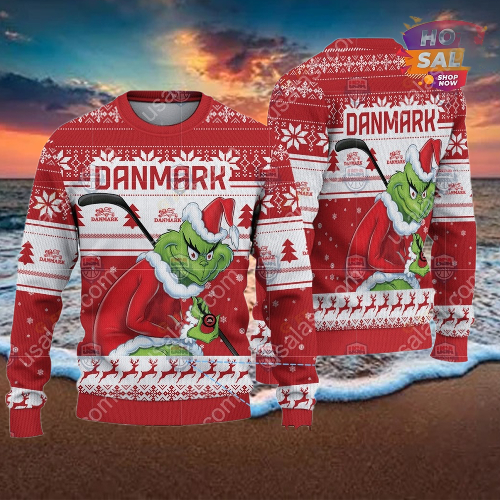 Denmark Ice Hockey Team Grinch Hockey Stick Ugly Christmas Sweater Denmark Ice Hockey Team Grinch Hockey Stick Ugly Christmas Sweater