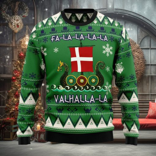 Denmark Viking Ugly Christmas Sweater Dragon Boat Fa La La La Valhalla 3D Christmas Sweater