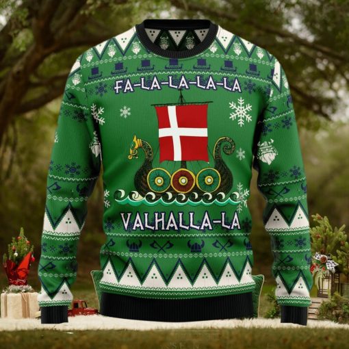 Denmark Viking Ugly Christmas Sweater Dragon Boat Fa La La La Valhalla 3D Christmas Sweater