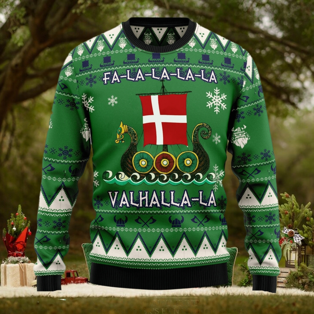 Denmark Viking Ugly Christmas Sweater Dragon Boat Fa La La La Valhalla 3D Christmas Sweater Denmark Viking Ugly Christmas Sweater Dragon Boat Fa La La La Valhalla 3D Christmas Sweater