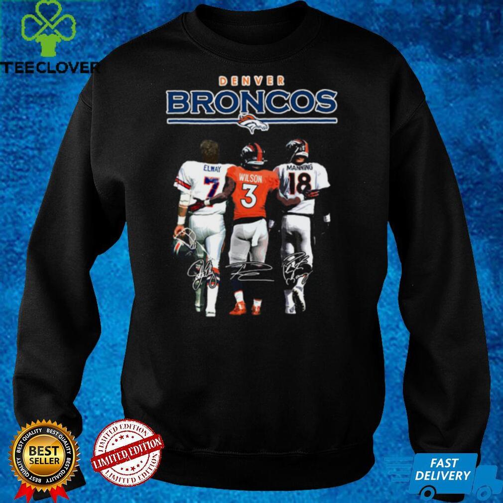 Denver Broncos 7 John Elway 3 Russell Wilson 18 Peyton Manning signatures TShirt Denver Broncos 7 John Elway 3 Russell Wilson 18 Peyton Manning signatures TShirt