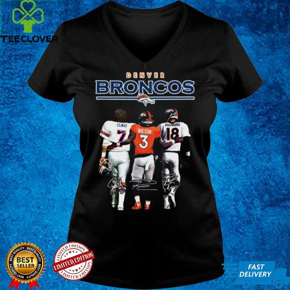 Denver Broncos 7 John Elway 3 Russell Wilson 18 Peyton Manning signatures TShirt Denver Broncos 7 John Elway 3 Russell Wilson 18 Peyton Manning signatures TShirt