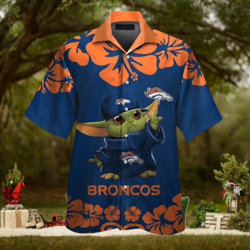 Denver Broncos Baby Yoda Short Sleeve Button Up Tropical Hawaiian Shirt