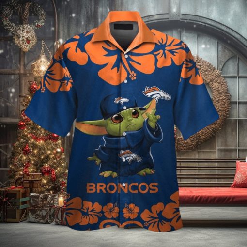 Denver Broncos Baby Yoda Short Sleeve Button Up Tropical Hawaiian Shirt