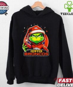 Denver Broncos Grinch wearing Santa hat Christmas 2024 shirt