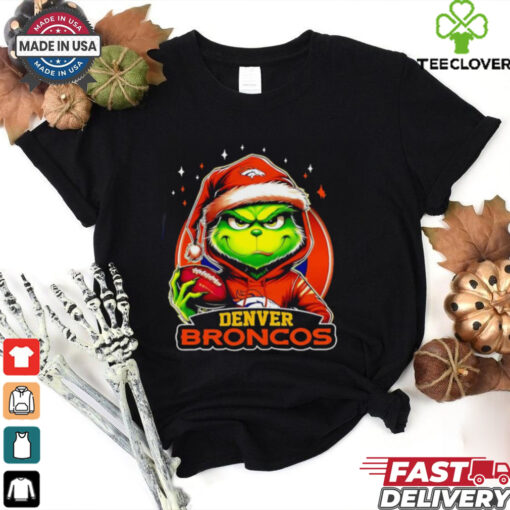Denver Broncos Grinch wearing Santa hat Christmas 2024 shirt