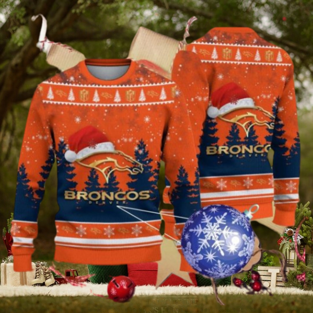 Denver Broncos Logo Golden Fans Santa Hat Tree Ugly Christmas Sweater Denver Broncos Logo Golden Fans Santa Hat Tree Ugly Christmas Sweater
