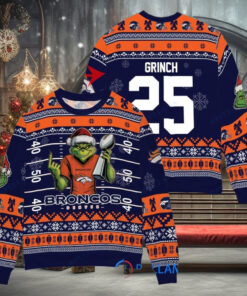 Denver Broncos x Grinch Christmas Dr. Seuss How the Grinch Stole Christmas with Super Bowl Trophy Custom Ugly Christmas Sweater