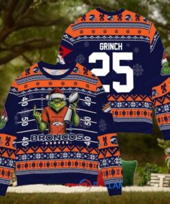 Denver Broncos x Grinch Christmas Dr. Seuss How the Grinch Stole Christmas with Super Bowl Trophy Custom Ugly Christmas Sweater