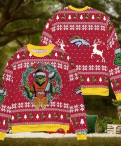 Denver Broncos x Grinch NFL Dr. Seuss How the Grinch Stole Christmas with Super Bowl Trophy Ugly Christmas Sweater Red