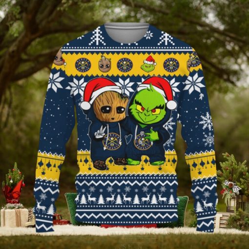 Denver Nuggets Baby Groot And Grinch Best Friends Football American Knitted Xmas 3D Sweater Gift Holidays