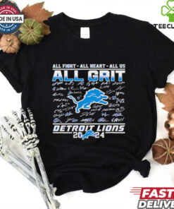 Detroit Lions 2024 All Right All Heart All Us Signature Shirt football fan shirt with team slogan and player signatures
