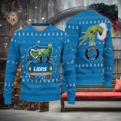 Detroit Lions And Grinch Driving With Pine Trees Knitted Christmas 3D Sweater Gift For Fans