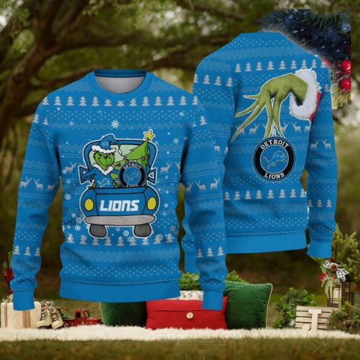Detroit Lions And Grinch Driving With Pine Trees Knitted Christmas 3D Sweater Gift For Fans